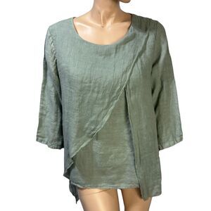 Camille & Co Top Women’s Green Linen Asymmetrical Boho Lagenlook Blouse Size S